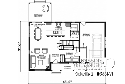 Rez-de-chaussée - Plan de maison Farmhouse à étage, 3 chambres + bureau, garage simple, grande cuisine avec garde-manger - Oakville 2
