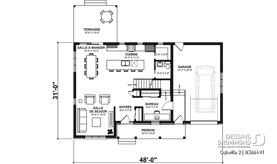 Rez-de-chaussée - Plan de maison Farmhouse à étage, 3 chambres + bureau, garage simple, grande cuisine avec garde-manger - Oakville 2