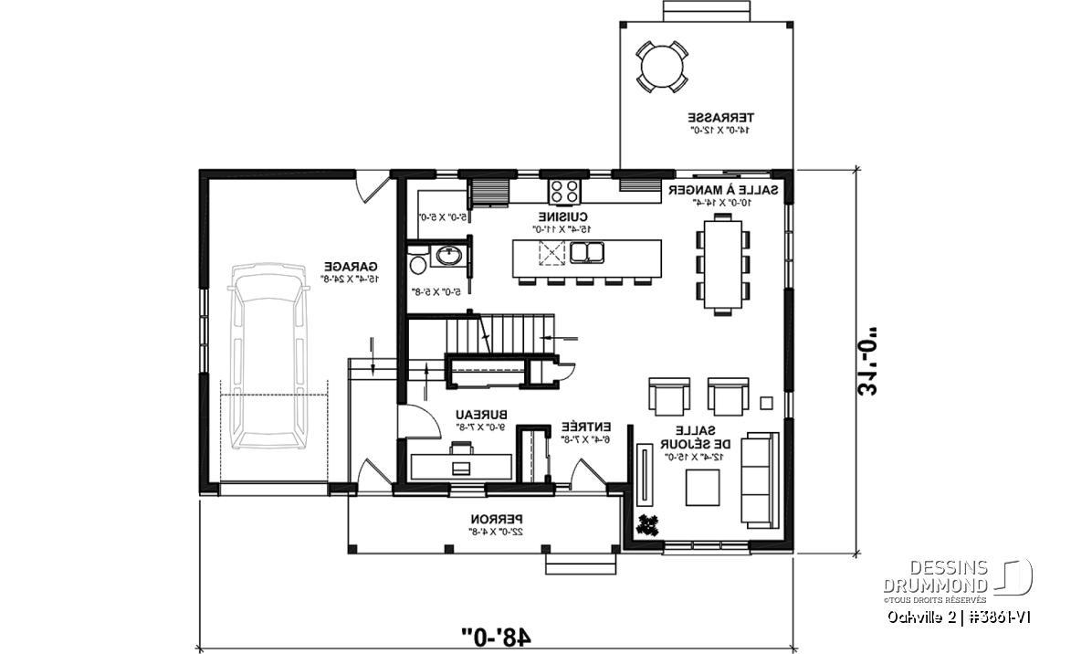 Rez-de-chaussée - Plan de maison Farmhouse à étage, 3 chambres + bureau, garage simple, grande cuisine avec garde-manger - Oakville 2