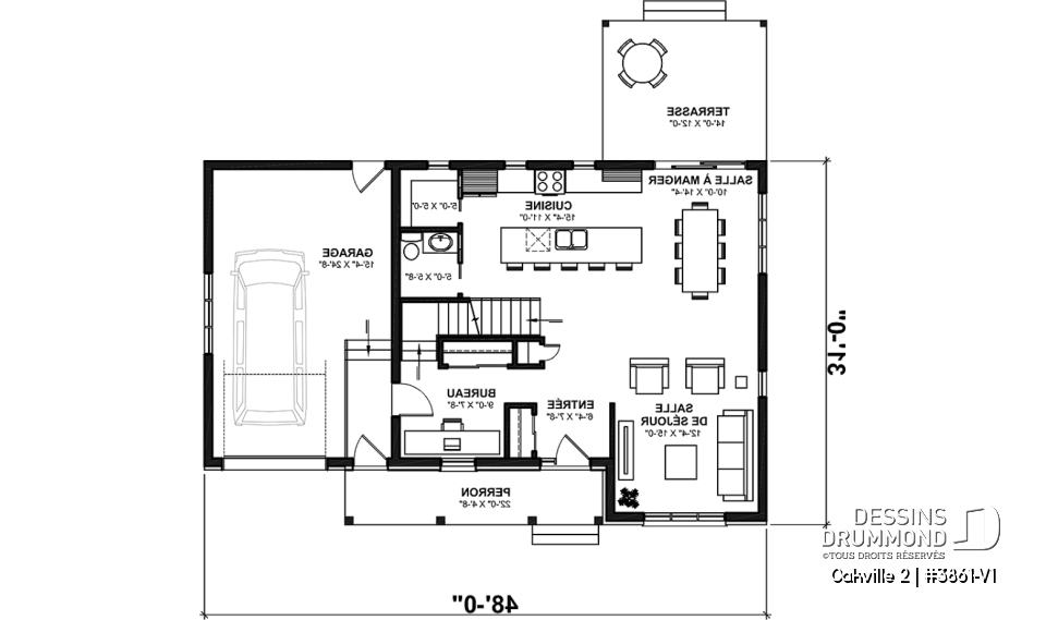 Rez-de-chaussée - Plan de maison Farmhouse à étage, 3 chambres + bureau, garage simple, grande cuisine avec garde-manger - Oakville 2