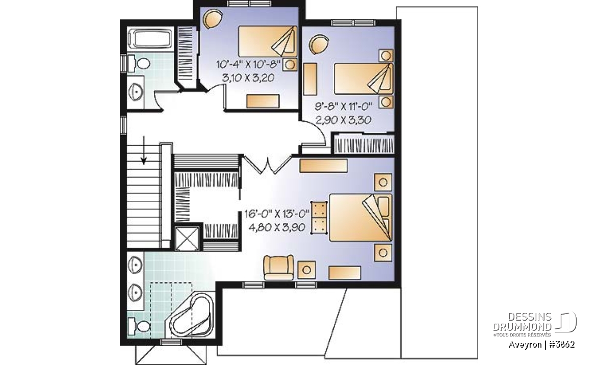 Étage - Plan de cottage de style américain, 3 chambres, grande suite des maîtres, garage - Aveyron