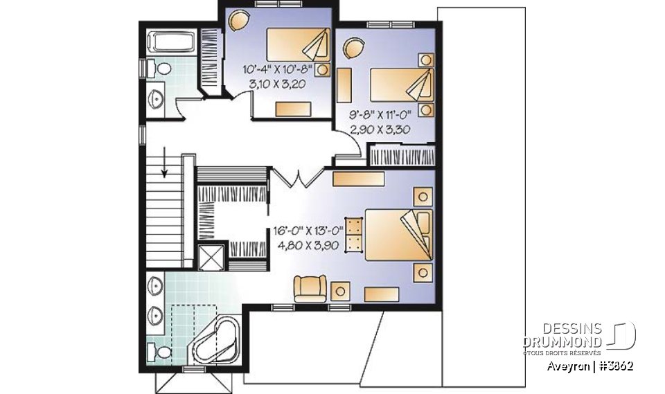 Étage - Plan de cottage de style américain, 3 chambres, grande suite des maîtres, garage - Aveyron