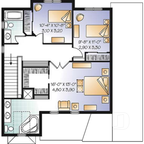 Étage - Plan de cottage de style américain, 3 chambres, grande suite des maîtres, garage - Aveyron
