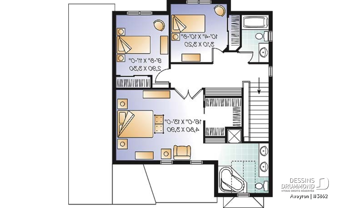 Étage - Plan de cottage de style américain, 3 chambres, grande suite des maîtres, garage - Aveyron