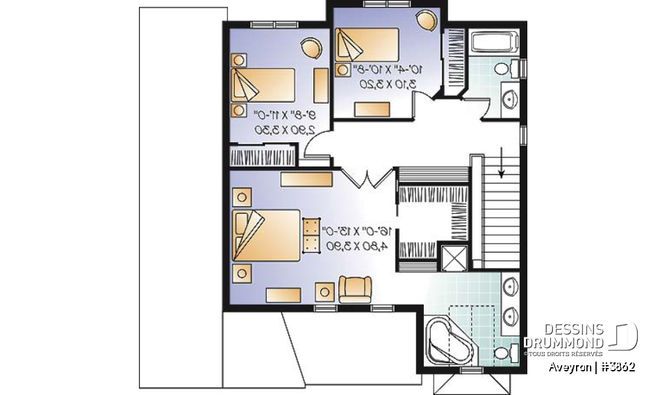 Étage - Plan de cottage de style américain, 3 chambres, grande suite des maîtres, garage - Aveyron