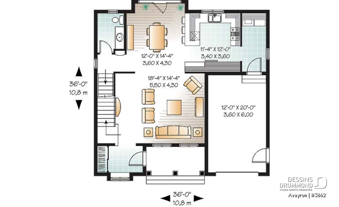 Rez-de-chaussée - Plan de cottage de style américain, 3 chambres, grande suite des maîtres, garage - Aveyron