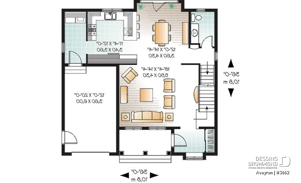 Rez-de-chaussée - Plan de cottage de style américain, 3 chambres, grande suite des maîtres, garage - Aveyron