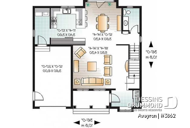 Rez-de-chaussée - Plan de cottage de style américain, 3 chambres, grande suite des maîtres, garage - Aveyron