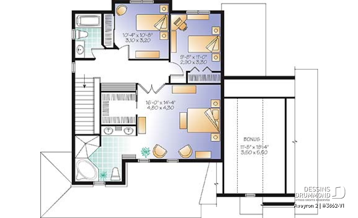 Étage - Plan de maison de campagne à étage, 3 chambres, 2.5 salles de bain, garage double - Aveyron 2
