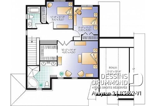 Étage - Plan de maison de campagne à étage, 3 chambres, 2.5 salles de bain, garage double - Aveyron 2