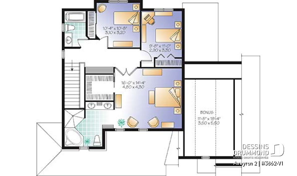 Étage - Plan de maison de campagne à étage, 3 chambres, 2.5 salles de bain, garage double - Aveyron 2