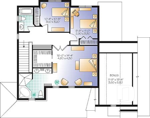 Étage - Plan de maison de campagne à étage, 3 chambres, 2.5 salles de bain, garage double - Aveyron 2