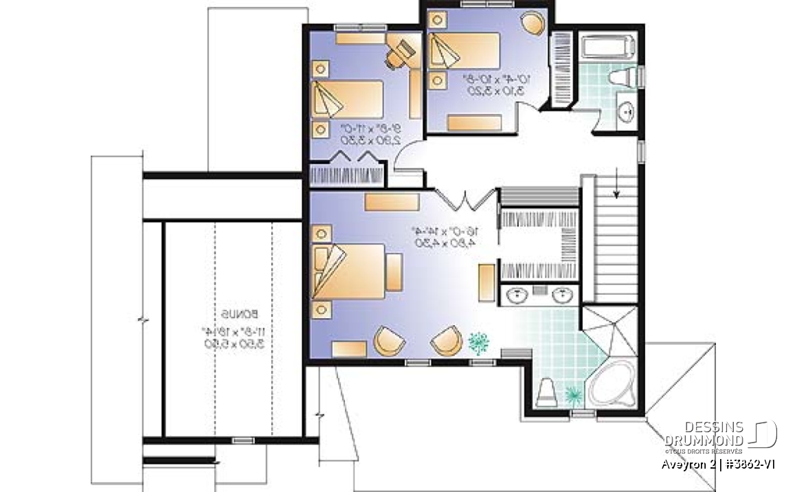 Étage - Plan de maison de campagne à étage, 3 chambres, 2.5 salles de bain, garage double - Aveyron 2