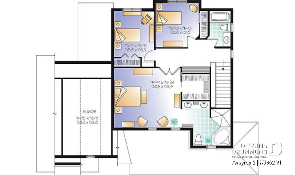 Étage - Plan de maison de campagne à étage, 3 chambres, 2.5 salles de bain, garage double - Aveyron 2