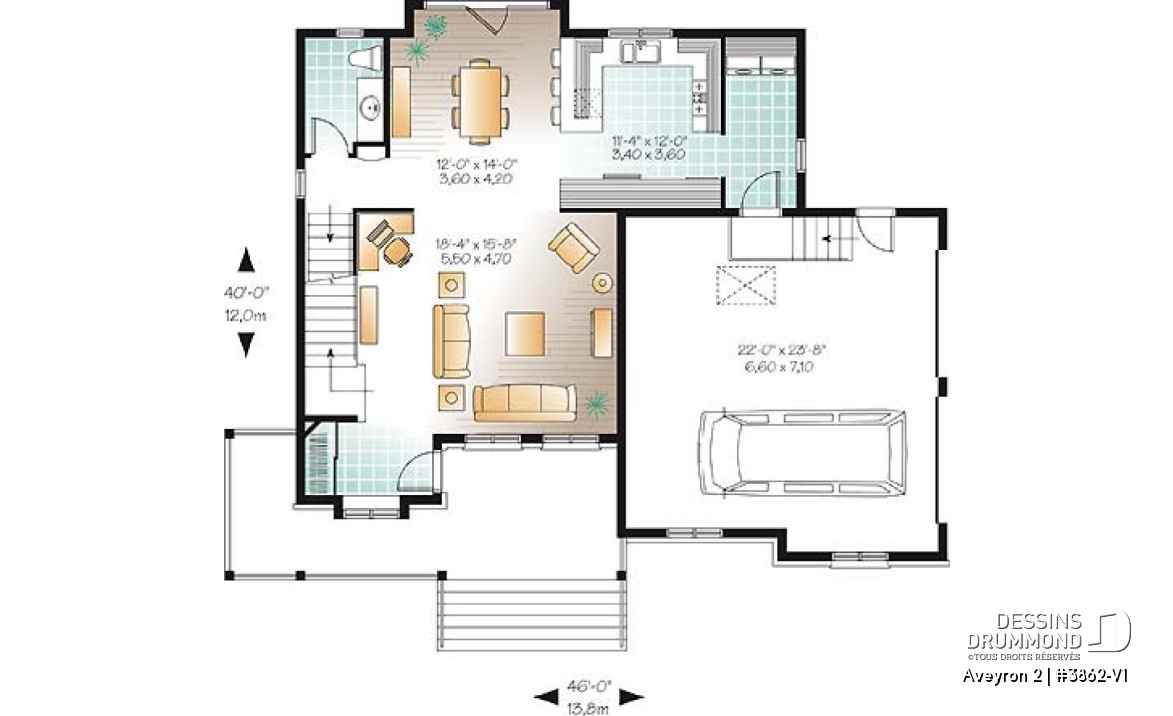 Rez-de-chaussée - Plan de maison de campagne à étage, 3 chambres, 2.5 salles de bain, garage double - Aveyron 2