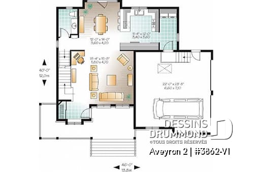 Rez-de-chaussée - Plan de maison de campagne à étage, 3 chambres, 2.5 salles de bain, garage double - Aveyron 2