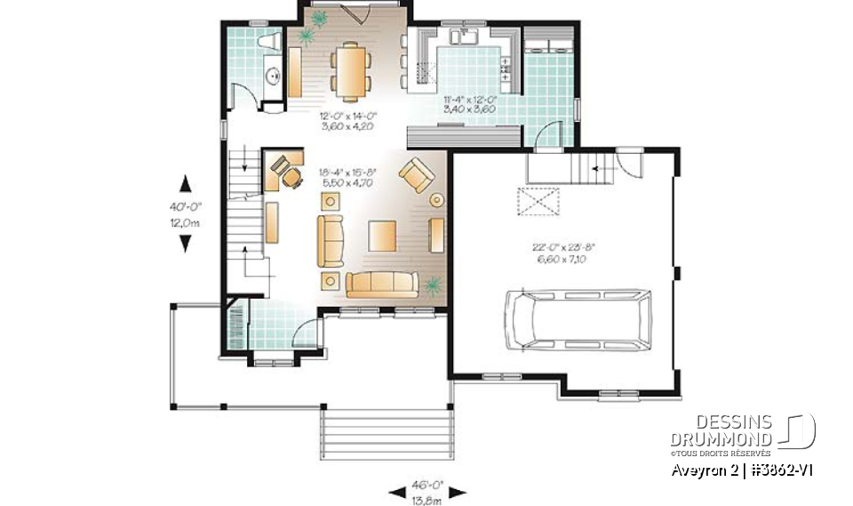 Rez-de-chaussée - Plan de maison de campagne à étage, 3 chambres, 2.5 salles de bain, garage double - Aveyron 2