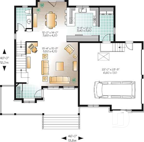Rez-de-chaussée - Plan de maison de campagne à étage, 3 chambres, 2.5 salles de bain, garage double - Aveyron 2