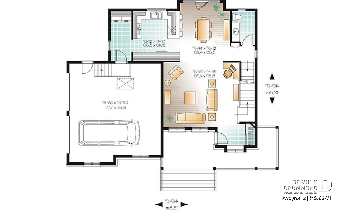 Rez-de-chaussée - Plan de maison de campagne à étage, 3 chambres, 2.5 salles de bain, garage double - Aveyron 2