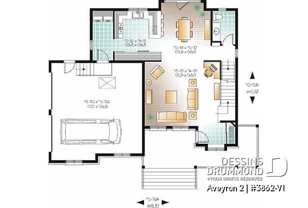 Rez-de-chaussée - Plan de maison de campagne à étage, 3 chambres, 2.5 salles de bain, garage double - Aveyron 2