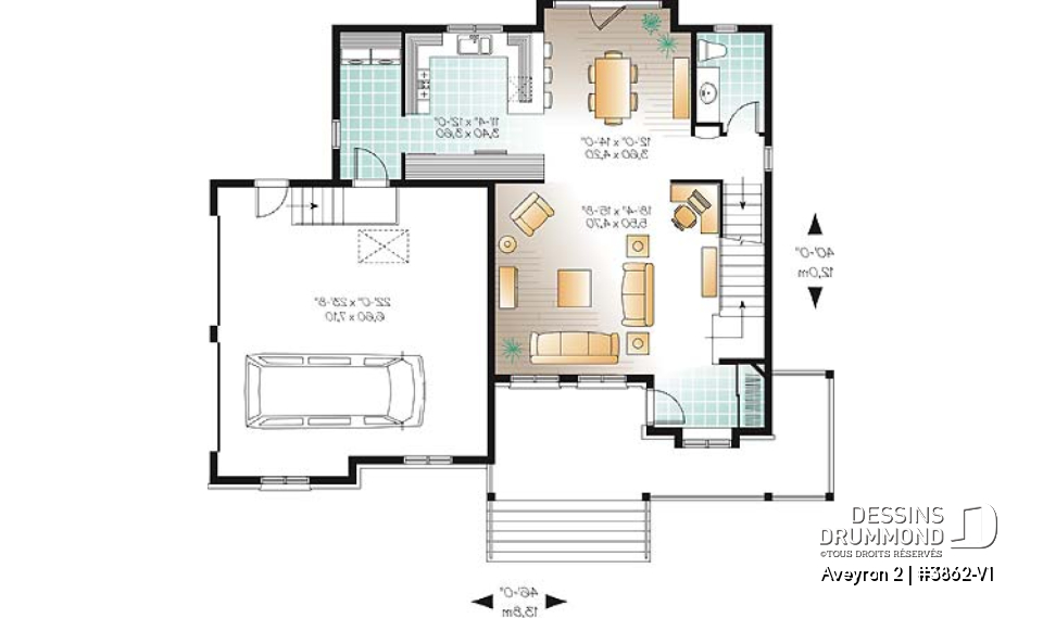 Rez-de-chaussée - Plan de maison de campagne à étage, 3 chambres, 2.5 salles de bain, garage double - Aveyron 2