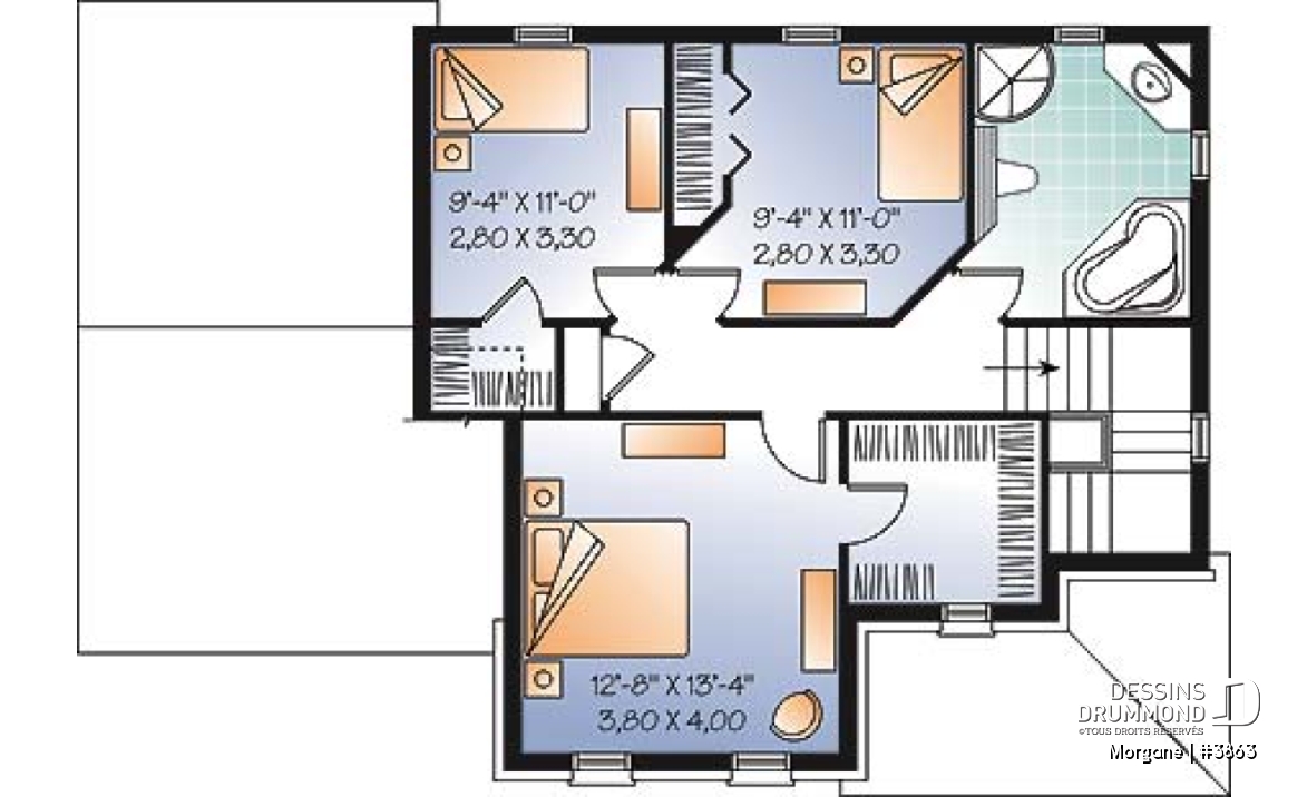 Étage - Plan de maison champêtre avec garage, 3 chambres, foyer et plafond élevé - Morgane