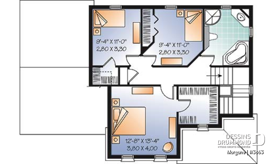 Étage - Plan de maison champêtre avec garage, 3 chambres, foyer et plafond élevé - Morgane