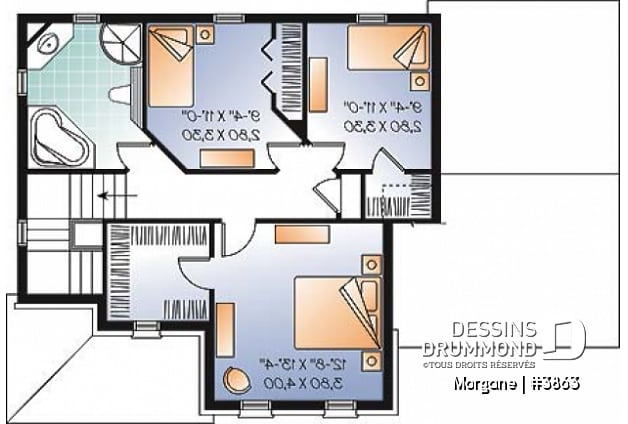 Étage - Plan de maison champêtre avec garage, 3 chambres, foyer et plafond élevé - Morgane