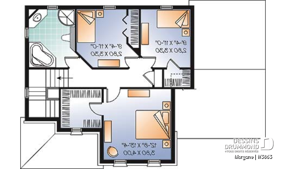 Étage - Plan de maison champêtre avec garage, 3 chambres, foyer et plafond élevé - Morgane