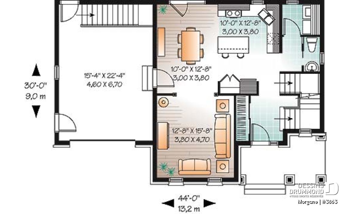Rez-de-chaussée - Plan de maison champêtre avec garage, 3 chambres, foyer et plafond élevé - Morgane