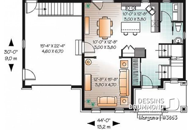 Rez-de-chaussée - Plan de maison champêtre avec garage, 3 chambres, foyer et plafond élevé - Morgane