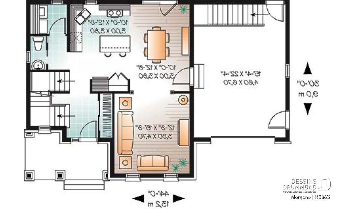 Rez-de-chaussée - Plan de maison champêtre avec garage, 3 chambres, foyer et plafond élevé - Morgane
