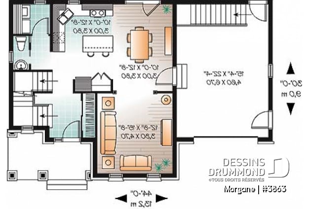 Rez-de-chaussée - Plan de maison champêtre avec garage, 3 chambres, foyer et plafond élevé - Morgane