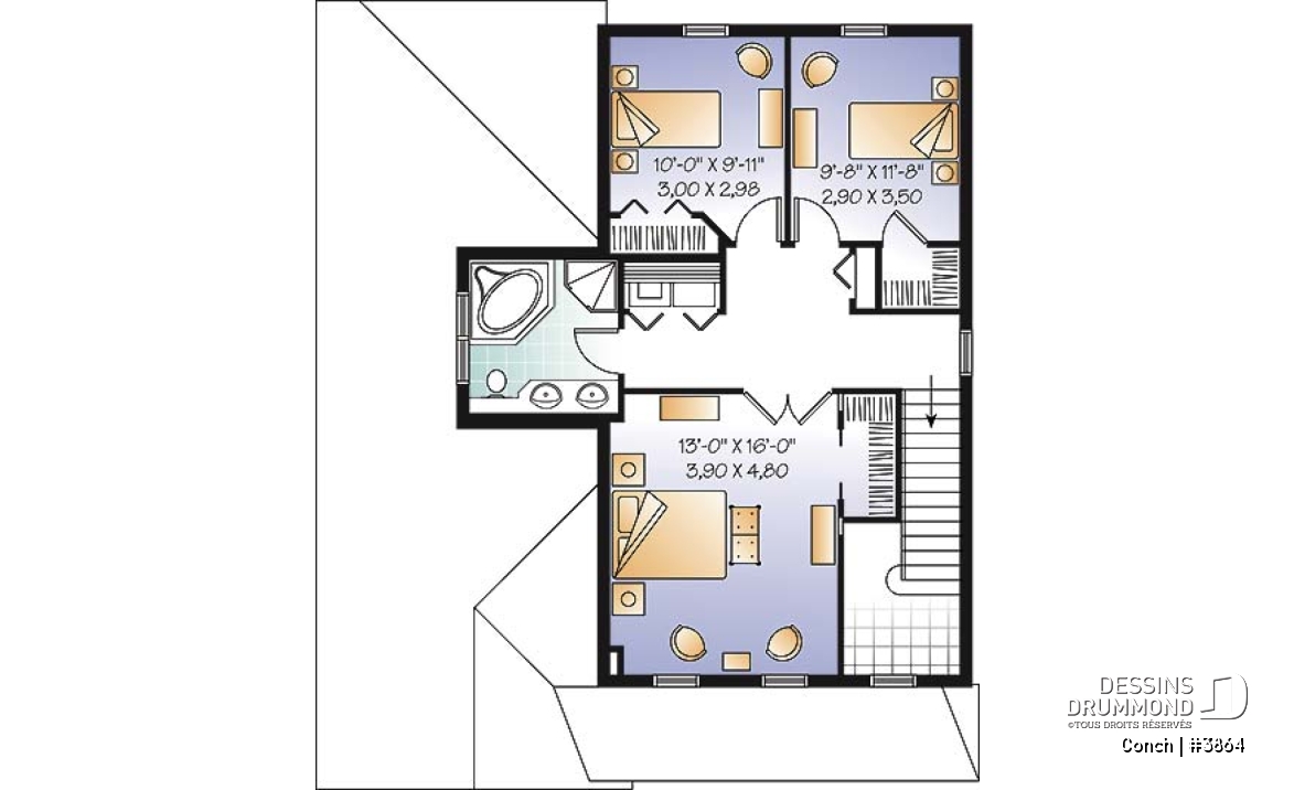 Étage - Plan de maison avec garage, superbe foyer, balcon à la salle à manger, 3 chambres, buanderie à l'étage - Conch