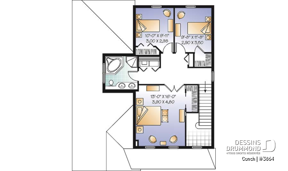 Étage - Plan de maison avec garage, superbe foyer, balcon à la salle à manger, 3 chambres, buanderie à l'étage - Conch