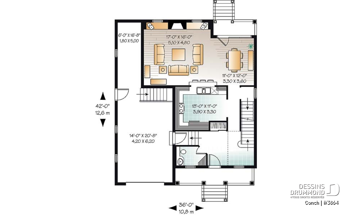 Rez-de-chaussée - Plan de maison avec garage, superbe foyer, balcon à la salle à manger, 3 chambres, buanderie à l'étage - Conch