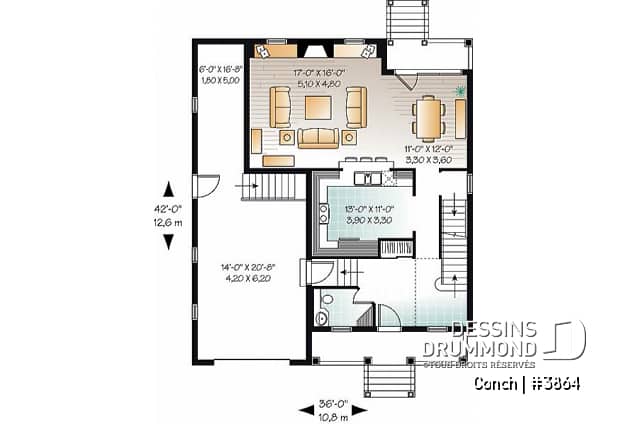 Rez-de-chaussée - Plan de maison avec garage, superbe foyer, balcon à la salle à manger, 3 chambres, buanderie à l'étage - Conch