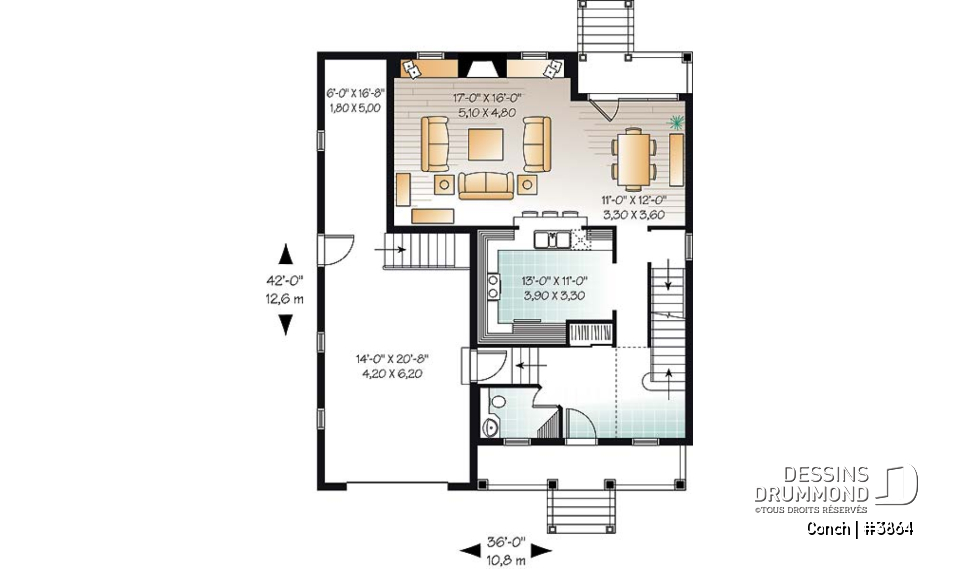 Rez-de-chaussée - Plan de maison avec garage, superbe foyer, balcon à la salle à manger, 3 chambres, buanderie à l'étage - Conch