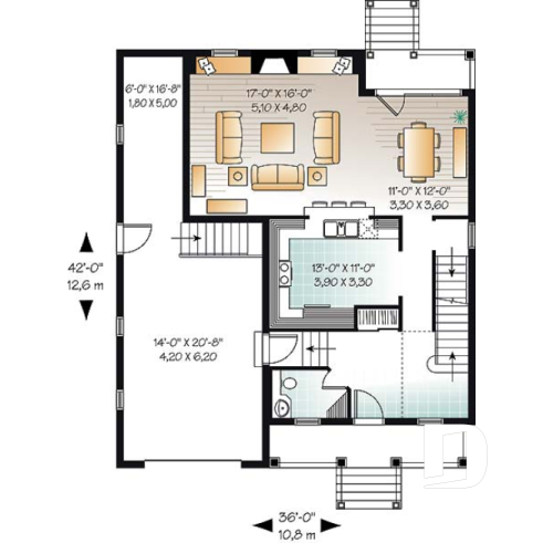 Rez-de-chaussée - Plan de maison avec garage, superbe foyer, balcon à la salle à manger, 3 chambres, buanderie à l'étage - Conch