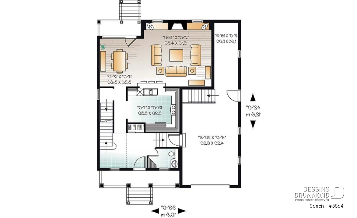 Rez-de-chaussée - Plan de maison avec garage, superbe foyer, balcon à la salle à manger, 3 chambres, buanderie à l'étage - Conch