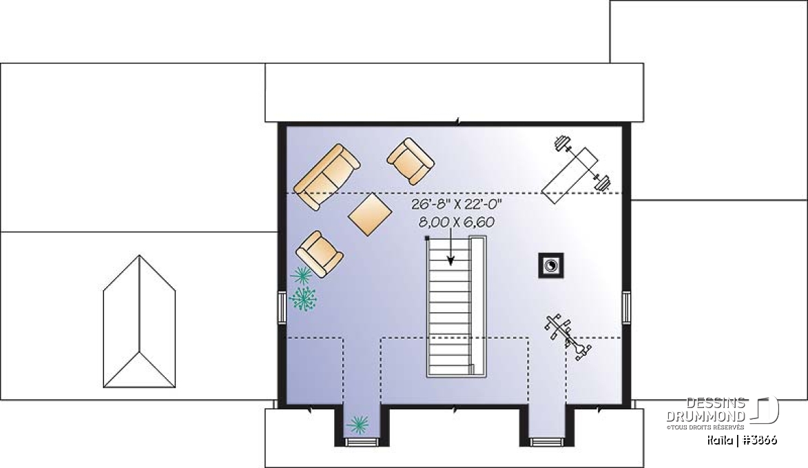 Espace boni - Plan de maison familiale à trois étages avec aire ouverte, bureau, espace boni et sous-sol aménageable - Kaïla