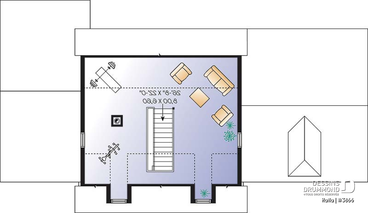 Espace boni - Plan de maison familiale à trois étages avec aire ouverte, bureau, espace boni et sous-sol aménageable - Kaïla