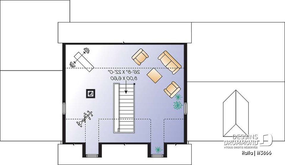 Espace boni - Plan de maison familiale à trois étages avec aire ouverte, bureau, espace boni et sous-sol aménageable - Kaïla