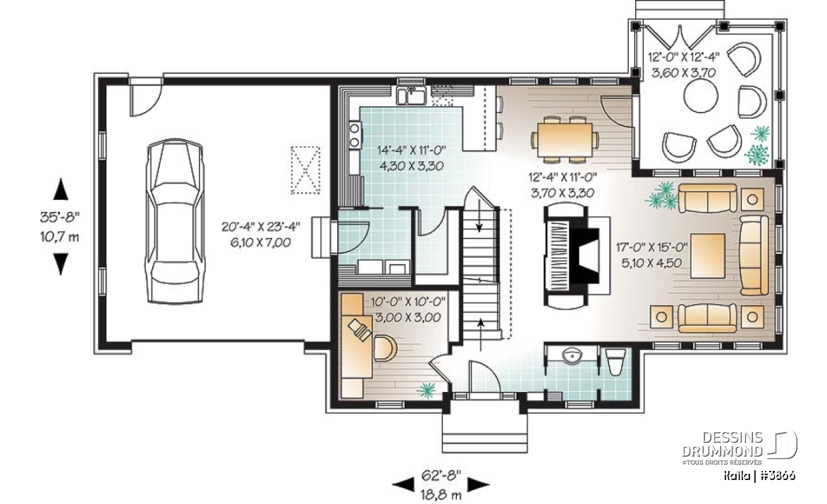 Rez-de-chaussée - Plan de maison familiale à trois étages avec aire ouverte, bureau, espace boni et sous-sol aménageable - Kaïla