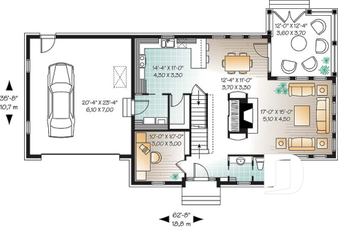 Rez-de-chaussée - Plan de maison familiale à trois étages avec aire ouverte, bureau, espace boni et sous-sol aménageable - Kaïla