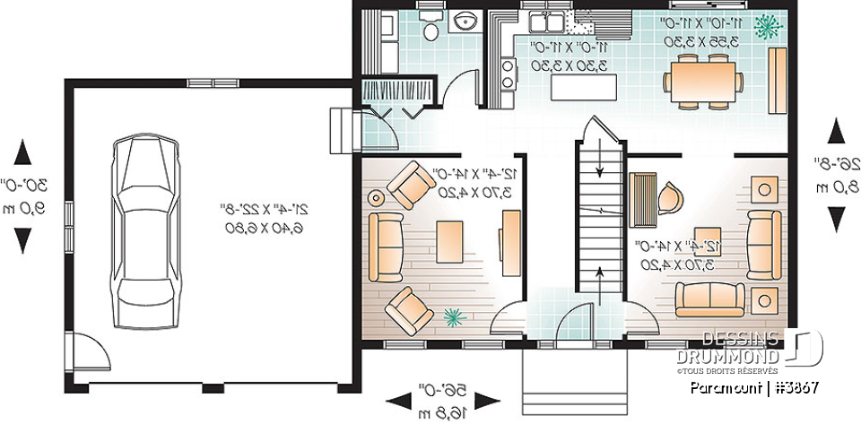 Rez-de-chaussée - Plan de grande maison économique 4 chambres, garage double, salle de séjour et salle de jeux - Paramount
