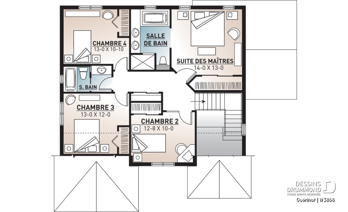 Étage - Plan de maison style Cape Cod, 4 chambres, grand salon avec foyer, cuisine avec îlot, grande buanderie, garage - Guérinot