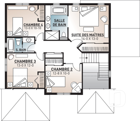 Étage - Plan de maison style Cape Cod, 4 chambres, grand salon avec foyer, cuisine avec îlot, grande buanderie, garage - Guérinot