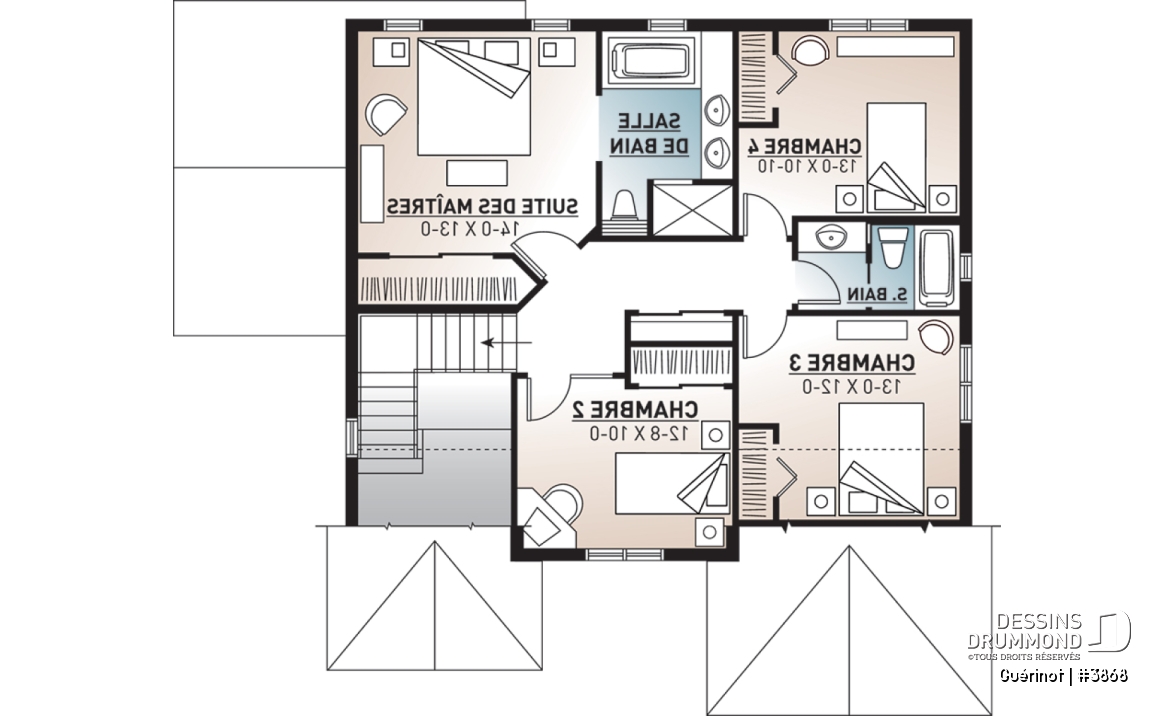 Étage - Plan de maison style Cape Cod, 4 chambres, grand salon avec foyer, cuisine avec îlot, grande buanderie, garage - Guérinot