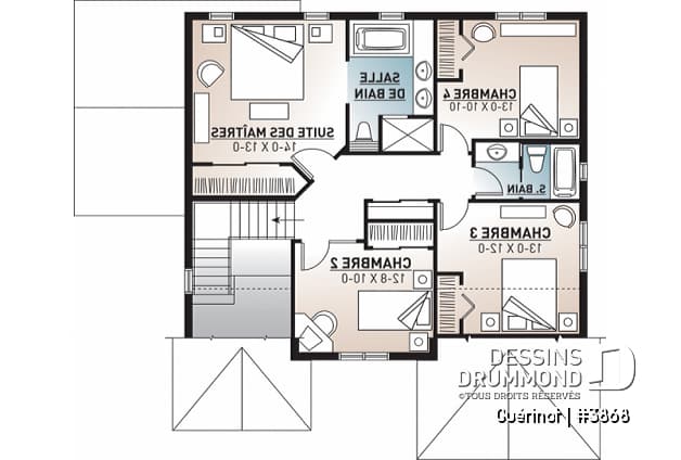 Étage - Plan de maison style Cape Cod, 4 chambres, grand salon avec foyer, cuisine avec îlot, grande buanderie, garage - Guérinot
